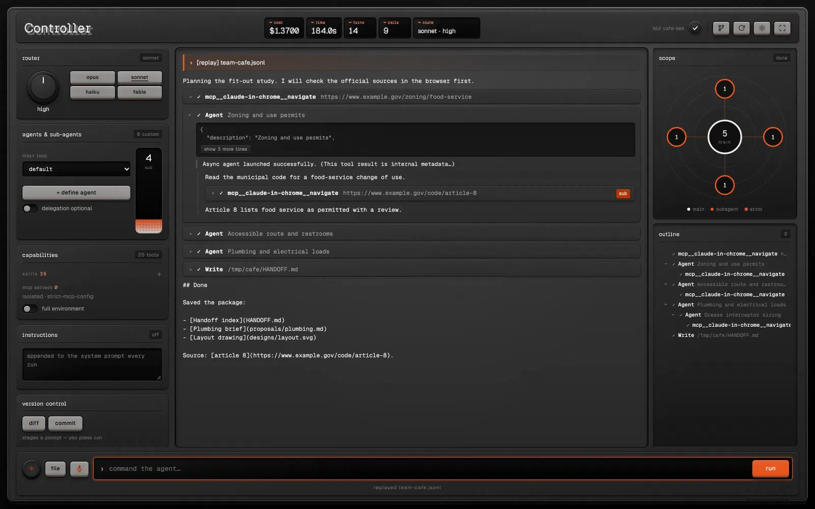 Controller replaying a four-subagent run: an effort knob, model keys and a subagent fader on the left, folded tool-call cards in the centre, and a radial scope with the main agent and four subagents on the right
