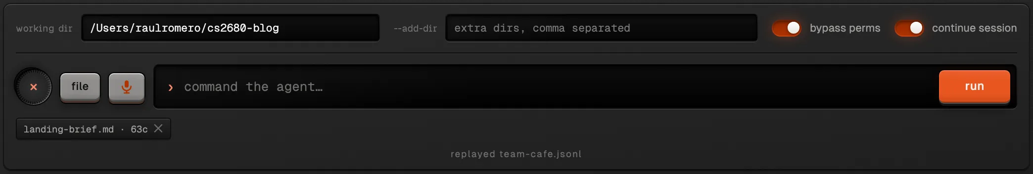 The command deck with run settings open: the working directory, extra directories, bypass permissions and continue session switches, then the file, microphone and run keys with one attached file