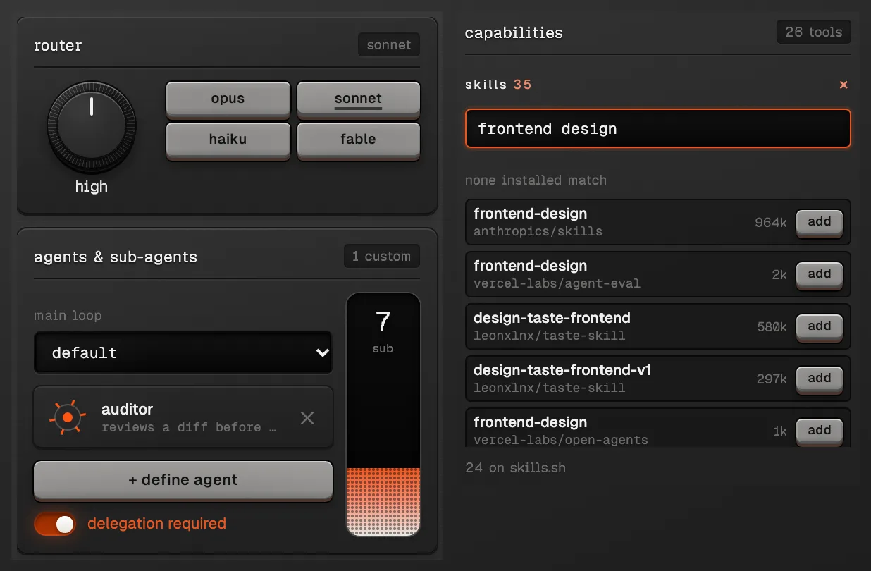 Two panels from the left column. Left: the effort knob set to high, model keys with sonnet selected, a custom auditor agent, delegation required switched on and the subagent fader at 7. Right: the capabilities panel with a skills.sh search for frontend design listing results with install counts and add keys