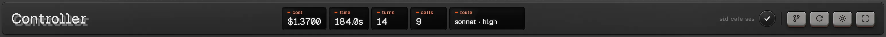The top rail: readouts for cost, time, turns, calls and route on black displays, then keys for merge, new session, theme and full screen
