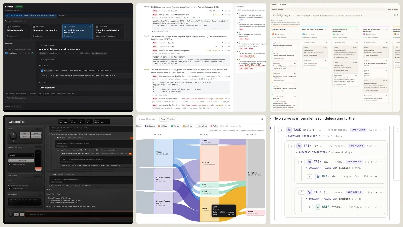 A grid of six screenshots of student-built interfaces for watching Claude Code runs.
