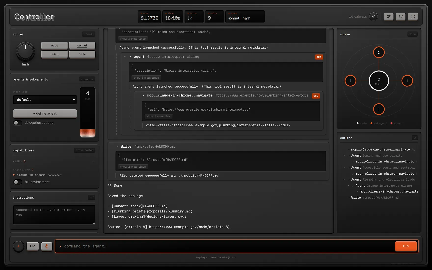 Controller combines an effort knob, model keys, a delegation fader, run statistics, tool calls, and a radial agent display